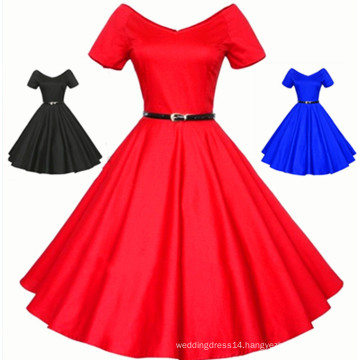 Womens Summer Sexy V-Neck Party Dresses 50s 60s Vintage Retro Style Ladies Rockabilly Swing Red Black Blue Sweetheart Prom Dress